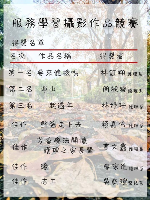 「服務學習攝影作品」競賽得獎名單