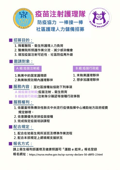 衛服部 疫苗注射護理隊 招募